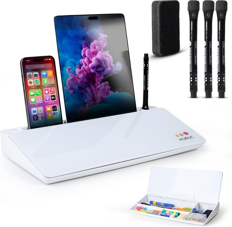 HURUC Small Glass Desktop Whiteboard with Storage,15.3"x7.08"x2.16" inch Desk White Board with Markers & Duster, Desktop Dry Erase Board, Desk Buddy Organizer for Home, Office, School (White) - Image 1